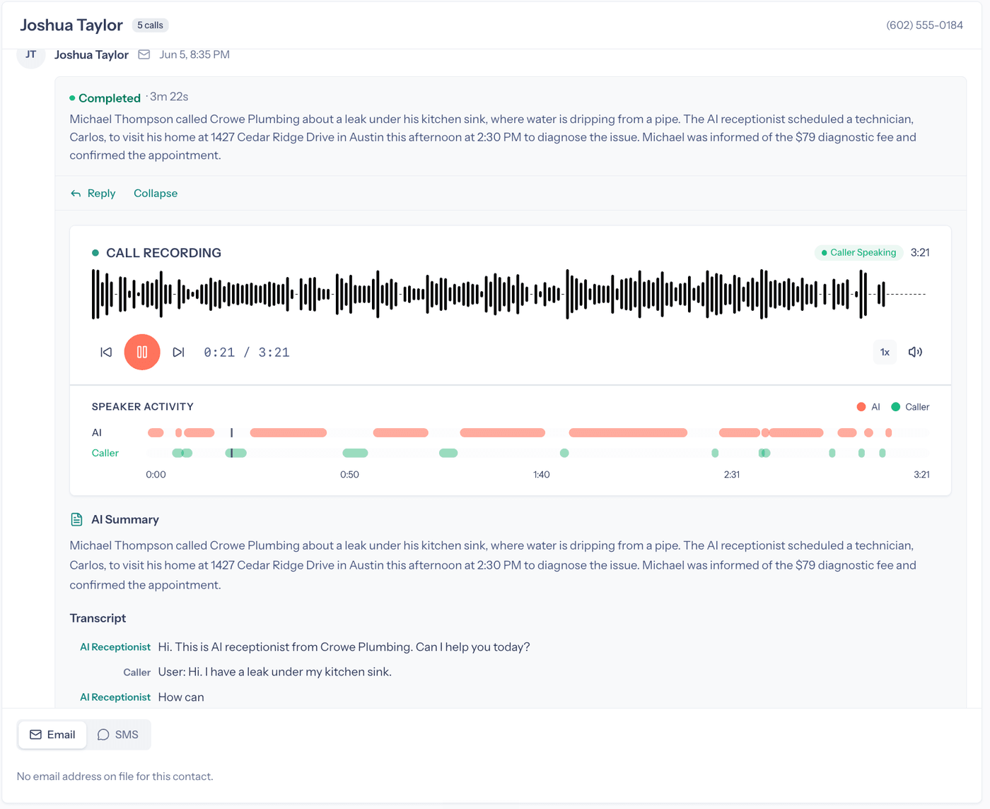 Inside one call - recording player, an AI-vs-caller speaker-activity timeline, the AI summary, and the verbatim transcript