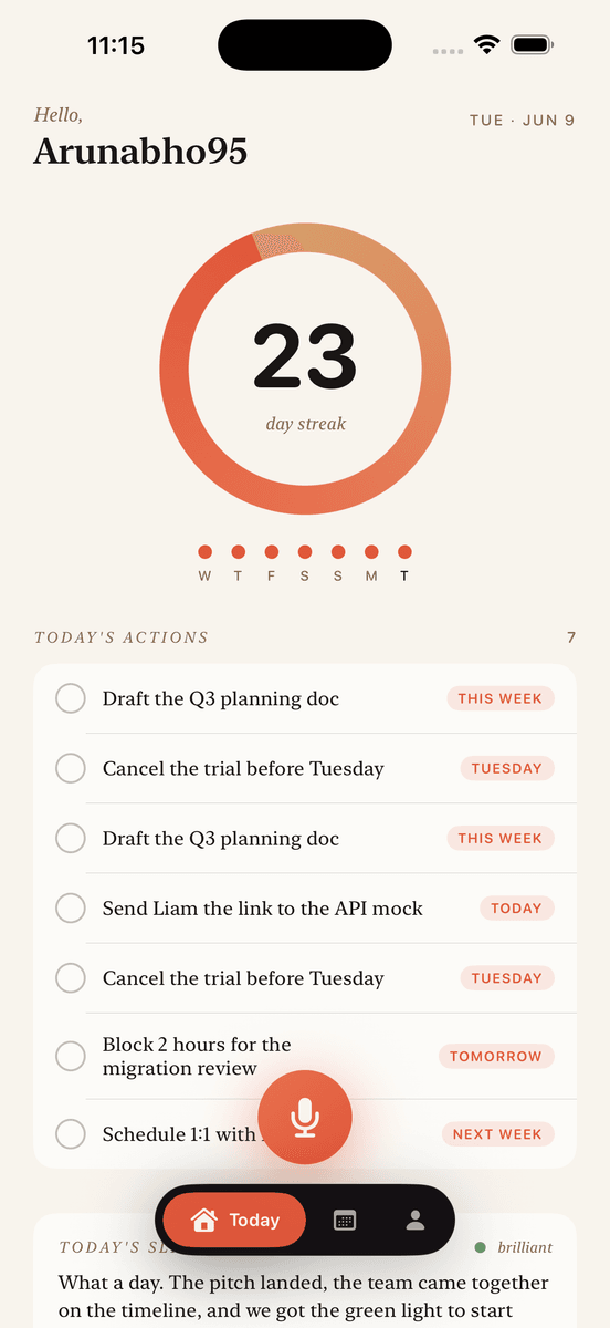 DaySlice - today's actions extracted from a spoken journal, with a day-streak ring