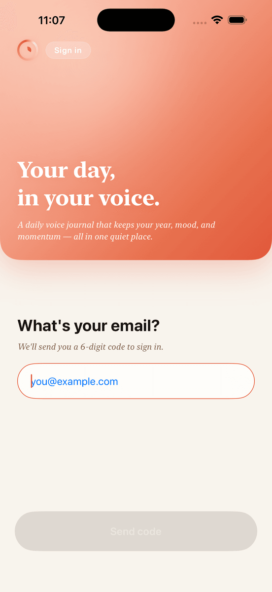 DaySlice sign-in - 'Your day, in your voice', a one-time code, no account