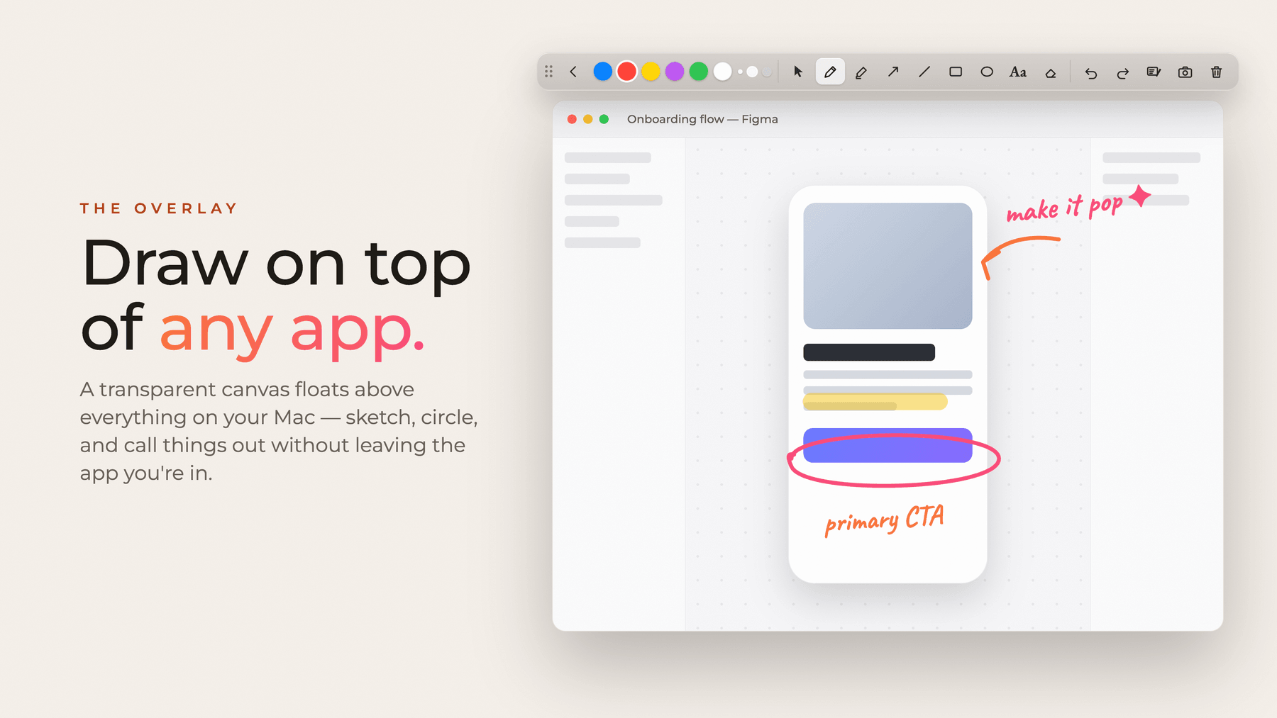 Epic Annotator drawing on top of a live Figma window, with handwritten 'make it pop' and 'primary CTA' call-outs