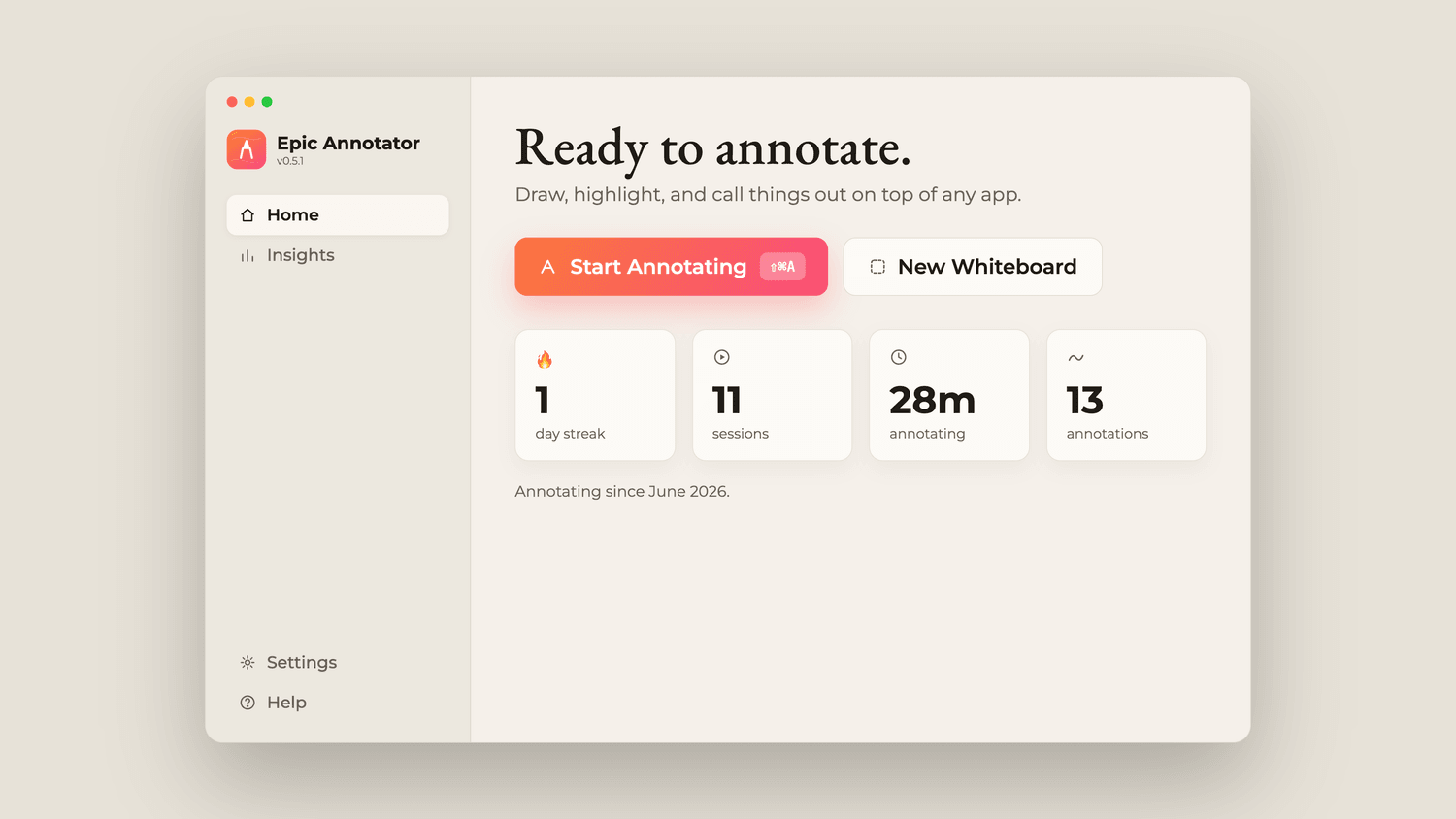 Epic Annotator home screen - Start Annotating, New Whiteboard, and session stats