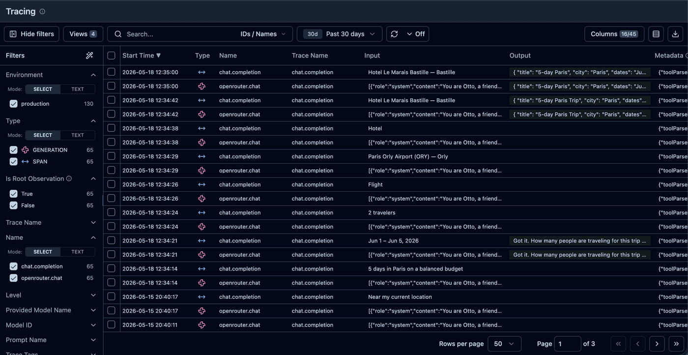 Otto's Langfuse traces - every model call logged